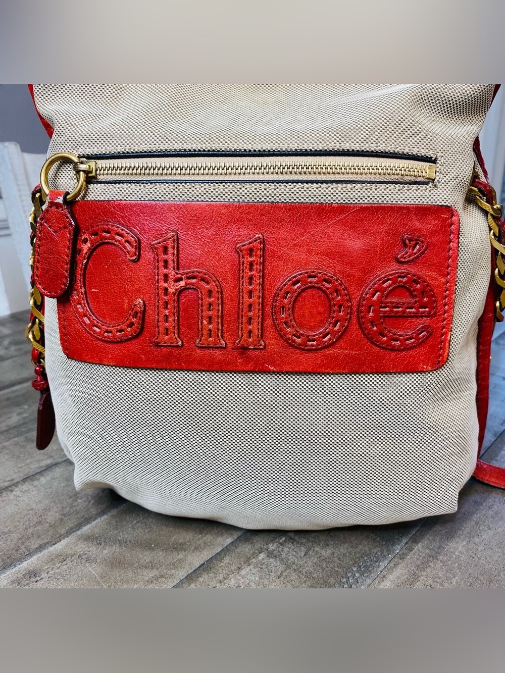 Vintage Chloé Harley Canvas Leather Crossbody Shoulder Bag Beige Red Y2K Phoebe - Picture 3 of 15